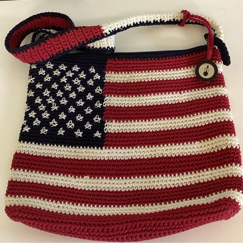 The Sak Crochet Flag Crossbody Bag in Red, White & Navy